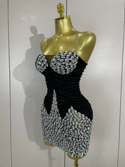 Tamar black velvet short dress with sparkly diamonds and mesh overlay for women’s evening, birthday, or stage events.