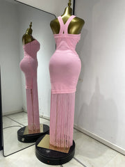 baby pink fringed sleeveless V-neck bandage bodycon dress for party and brunch styling