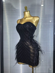Amara sequin feather strapless bodycon mini dress for nightclub and birthday party styling