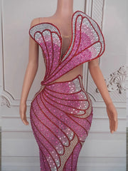 Ness strapless hot stamping elastic bodycon dress – shiny wrapped chest party outfit for women.