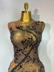 Corey Sexy O Neck Sleeveless Black Diamonds Crystal Maxi Dress