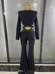 Brittani gold beaded long sleeve two-piece bodycon bandage set 