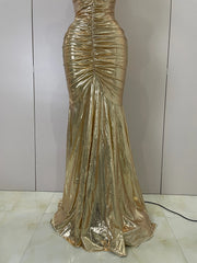 Alana gold strapless ruched backless maxi gown for women. Elegant dress for weddings, prom, birthdays, and evening parties.