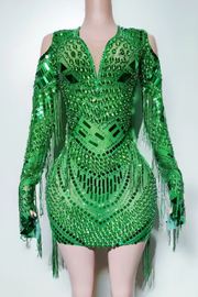Sheena diamond mesh long sleeve mini dress with sparkling embellishments and tassel detailing