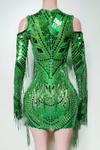 Sheena diamond mesh long sleeve mini dress with sparkling embellishments and tassel detailing