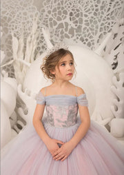 Silver Appliques Princess Flower Girl Dress: Off Shoulder, Long Tulle