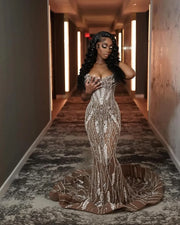 Mermaid beading strapless crystals prom dress elegant evening gown.