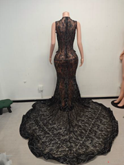 Thea Black Alluring Sequin and Feather Deep V Mermaid Gown- Ready to Ship