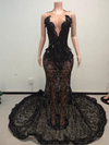 Thea Black Alluring Sequin and Feather Deep V Mermaid Gown- Ready to Ship