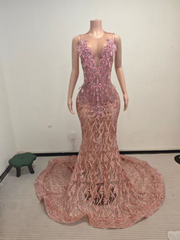 Thea Black Alluring Sequin and Feather Deep V Mermaid Gown- Ready to Ship