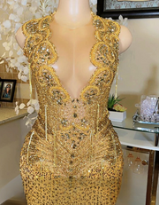 Sparkly Gold Crystal Bodice Luxury Mermaid Prom Dresses 2025
