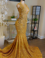 Sparkly Gold Crystal Bodice Luxury Mermaid Prom Dresses 2025