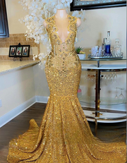 Sparkly Gold Crystal Bodice Luxury Mermaid Prom Dresses 2025
