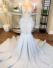 Sparkly Crystals Sequin White Mermaid Prom Dresses 2025