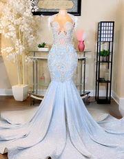 Sparkly Crystals Sequin White Mermaid Prom Dresses 2025