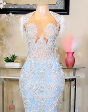Sparkly Crystals Sequin White Mermaid Prom Dresses 2025