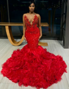 Sexy Crystal Red Ruffled Mermaid Prom Dress