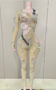 Patrice sexy pearl chain one shoulder hollow out jumpsuit women birthday party nightclub singer performance stage costume.