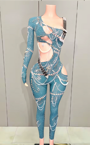 Patrice sexy pearl chain one shoulder hollow out jumpsuit women birthday party nightclub singer performance stage costume.