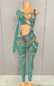 Patrice sexy pearl chain one shoulder hollow out jumpsuit women birthday party nightclub singer performance stage costume.
