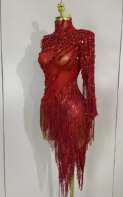 Ayla Sparkly Rhinestone Tassel Sheer Bodycon Dress