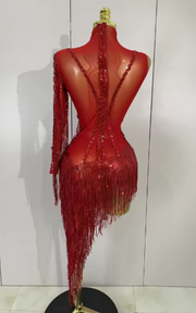 Ayla Sparkly Rhinestone Tassel Sheer Bodycon Dress
