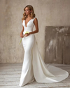 Elegant V Neck Mermaid Satin Wedding Dresses With Big Bow Backless