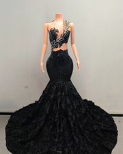 Kyra black sparkly mermaid prom dress with shimmering sequin details and elegant fitted design.