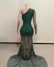 Serenity one-sleeve sequin prom dress with high slit and sparkling sequin details.