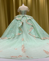 Mint green quinceañera dress with glitter tulle, star sparkle details, fitted bodice, and full skirt.