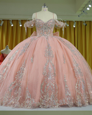 Blush pink glitter quinceañera ball gown with silver appliqués and corset bodice.