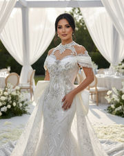 Classic short sleeve wedding dress with fitted bodice and sweep train for elegant bridal wear.