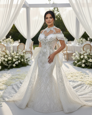 Classic short sleeve wedding dress with fitted bodice and sweep train for elegant bridal wear.