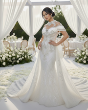 Classic short sleeve wedding dress with fitted bodice and sweep train for elegant bridal wear.