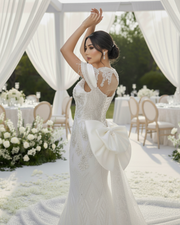 Classic short sleeve wedding dress with fitted bodice and sweep train for elegant bridal wear.