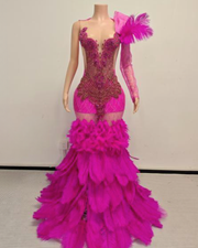 Pink sparkly prom dress with rhinestones, diamond details, and ostrich feather train – elegant long evening gown for women