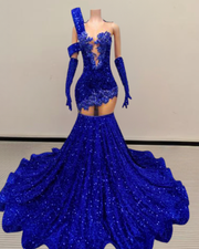 shiny sequin mermaid prom dress with a fitted silhouette and flared hem