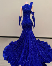 shiny sequin mermaid prom dress with a fitted silhouette and flared hem