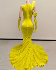 shiny sequin mermaid prom dress with a fitted silhouette and flared hem