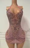 Pink halter luxury beaded birthday dress with sparkling details for celebrations and parties.
