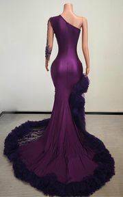 Purple luxury red mermaid prom dress with side split ruffles glitter beads crystals
