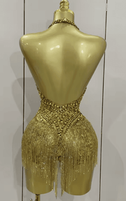 Maxie Luxury Golden Rhinestone Sheer Mesh Stretch Bodysuit