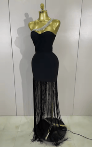 Bianca Black One Shoulder Rhinestone Tassel Bandage Dress