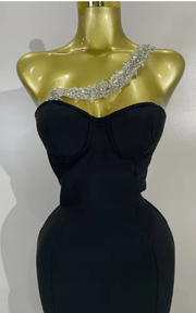 Bianca Black One Shoulder Rhinestone Tassel Bandage Dress