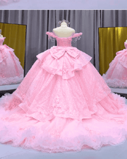Baby Pink Off-Shoulder Feather Trim Ball Gown Quinceañera Dress