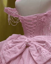 Baby Pink Off-Shoulder Feather Trim Ball Gown Quinceañera Dress
