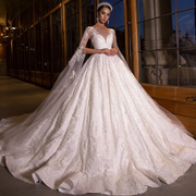 A Line Scoop Neck Lace Wedding Dress with Chapel Train