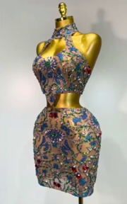 Jayla crystal diamond halter two-piece prom and party set for women.