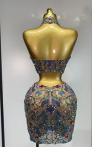 Jayla crystal diamond halter two-piece prom and party set for women.