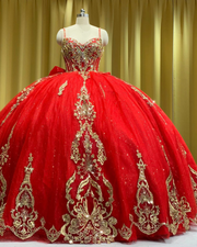 Royal Red Tulle Ball Gown: Gold Embellished Bodice with Back Bow